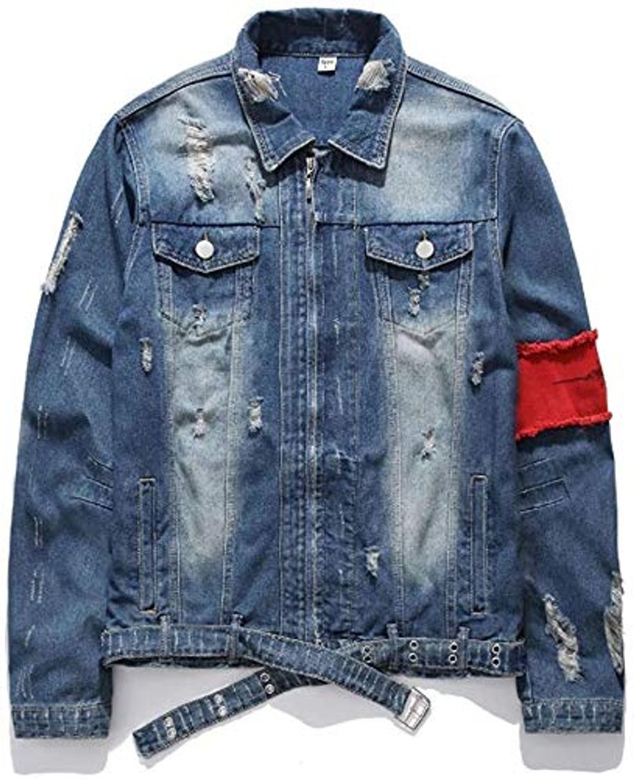 Moda Men Hip Hop Zip Front Embroidery Belted Ripped Destroyed Denim Trucker Jacket