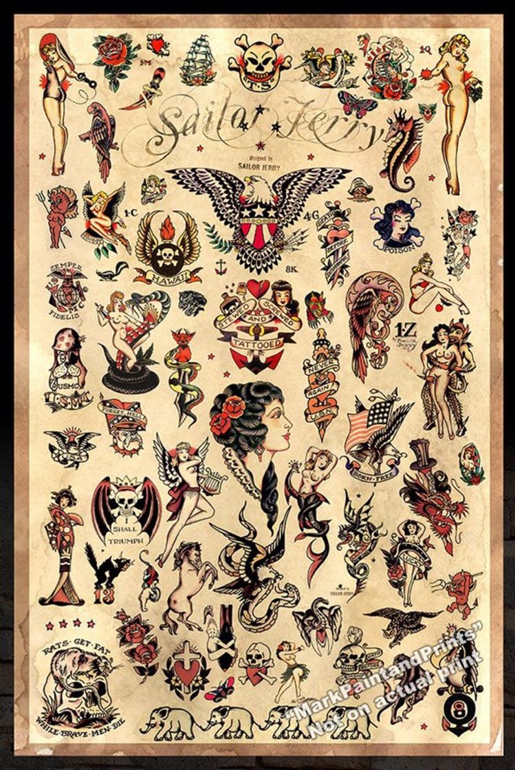 Fashion Sailor Jerry tattoo designs Pôster!⚓️🧜🏽‍♀️✨🦅🐉