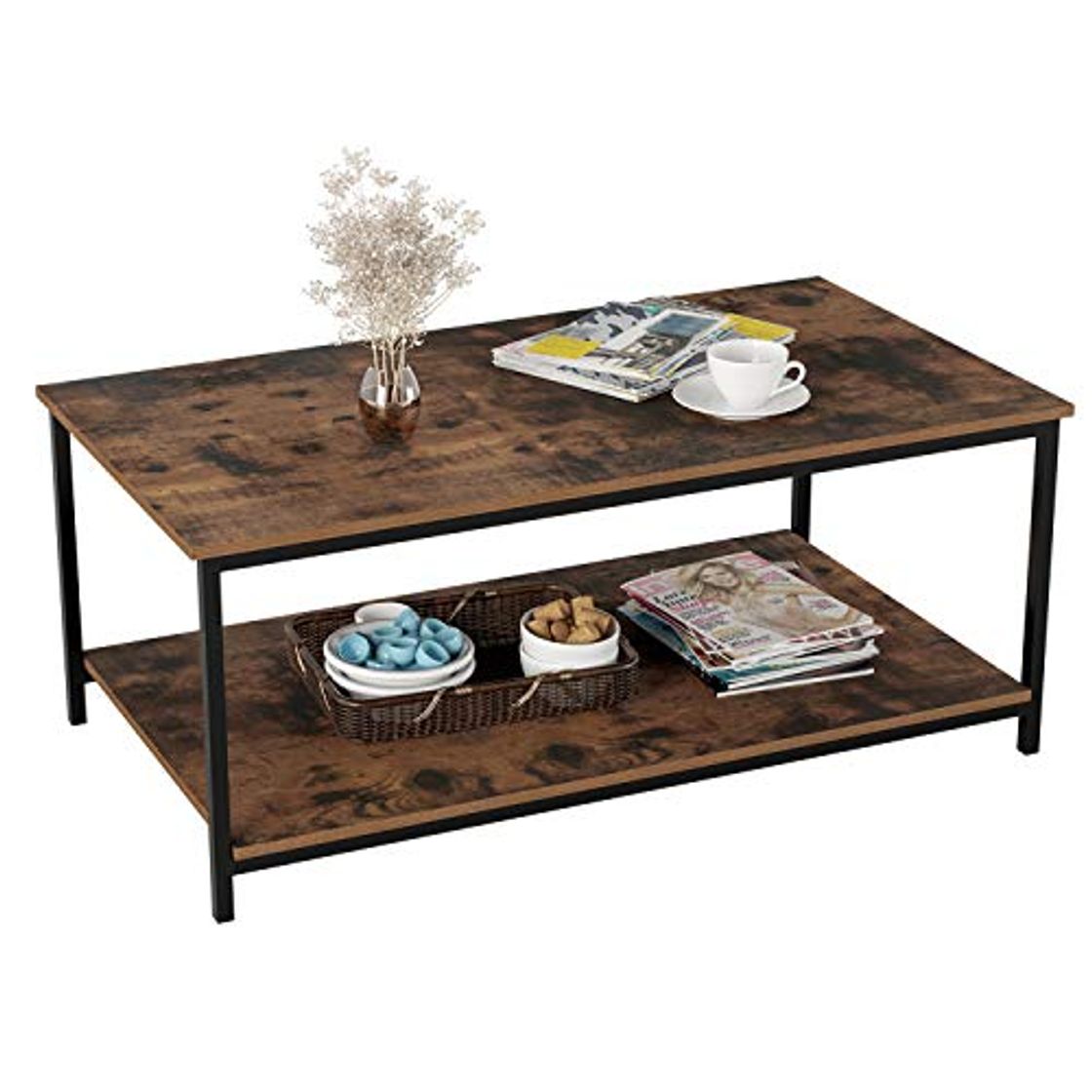 Producto Homfa Mesa de Centro Mesa Auxiliar Salón Mesa de Café Mesa Metálica y Madera con 2 Niveles Negro y Vintage 108x52x45cm