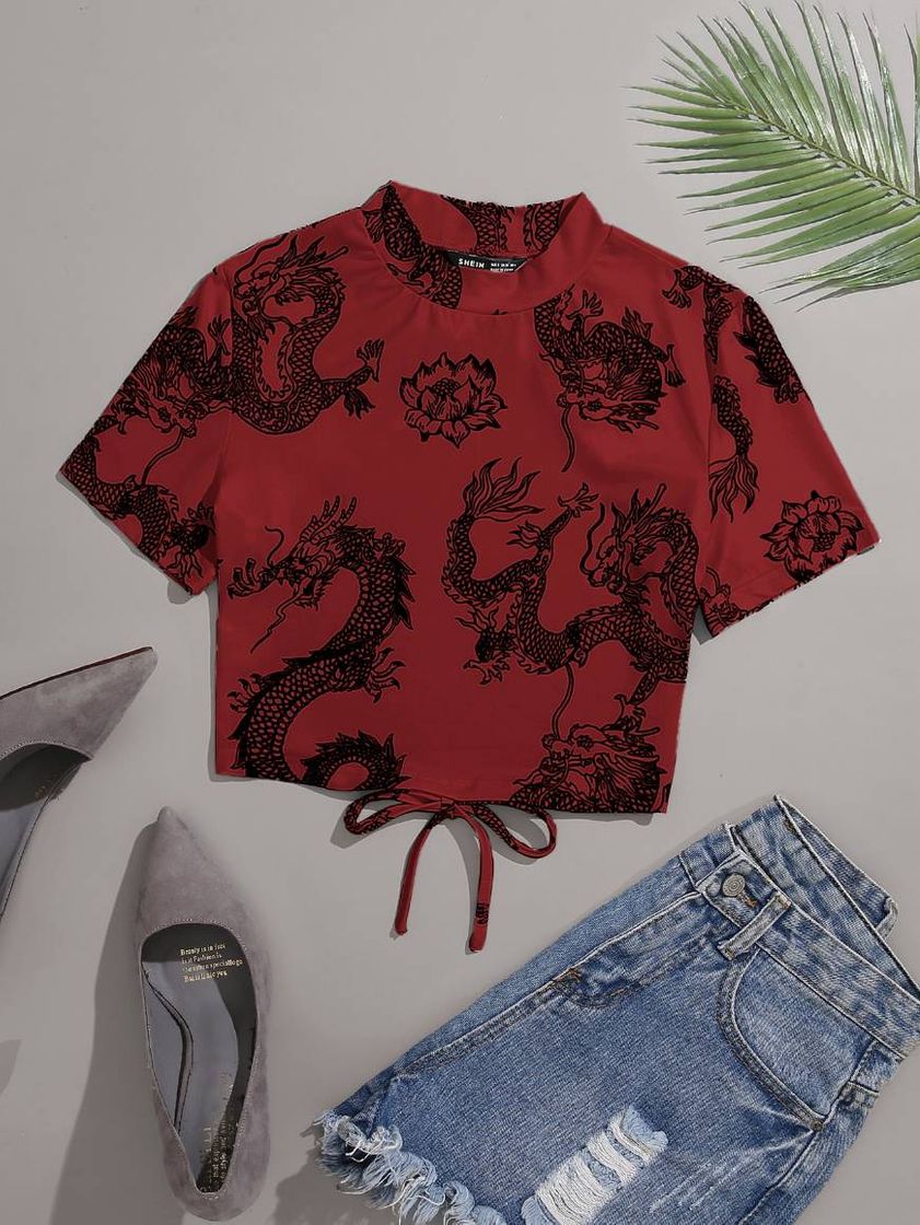 Camiseta de espalda abierta con estampado de dragón chino