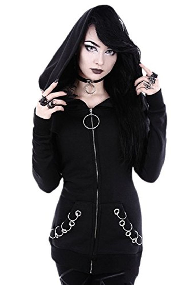Social Mujer Sudaderas con Capucha Cremallera Manga Larga Punk Chaqueta Abrigo Top Black XXL