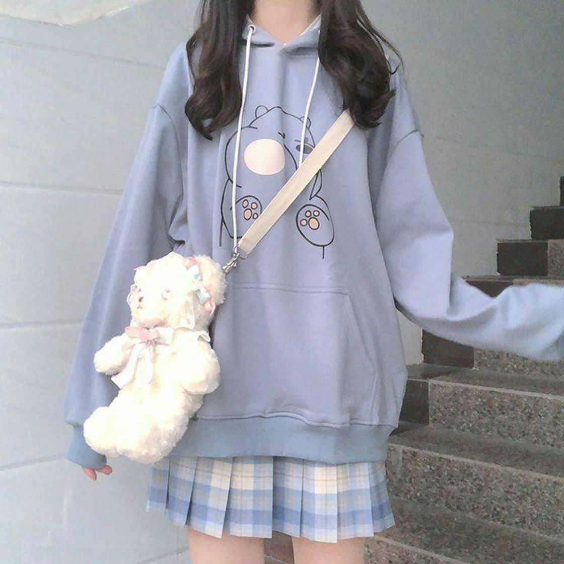 Fashion autumn bear blue hoodie outfit