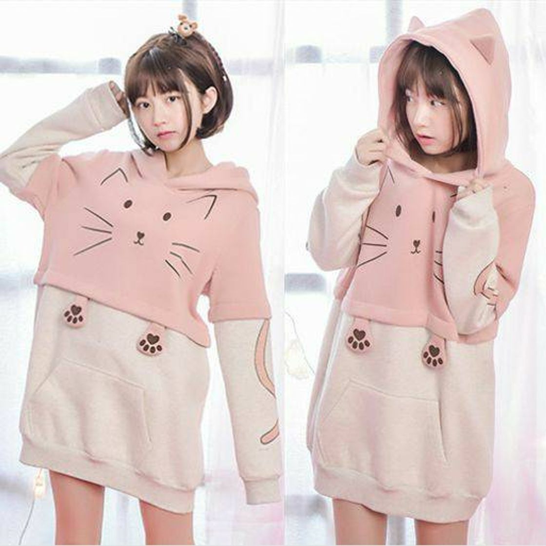 Moda cute cat claw pink hoodie outfit