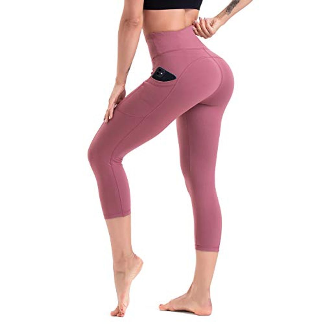 Moda HLTPRO Pantalones de yoga para mujer con bolsillos para teléfono Capri Leggings ropa de entrenamiento con cintura alta y control de barriga Ideal para correr deportes atletismo y fitnes moda XL Rosado