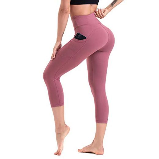 HLTPRO Pantalones de yoga para mujer con bolsillos para teléfono Capri Leggings ropa de entrenamiento con cintura alta y control de barriga Ideal para correr deportes atletismo y fitnes moda XL Rosado