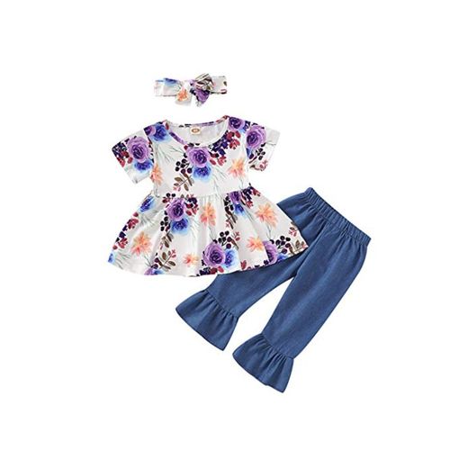 Conjunto de ropa de bebé de 3 piezas para niñas y niños pequeños con volantes florales Tops pantalones trajes de bebé pijamas niñas princesa vestido falda Azul azul marino M