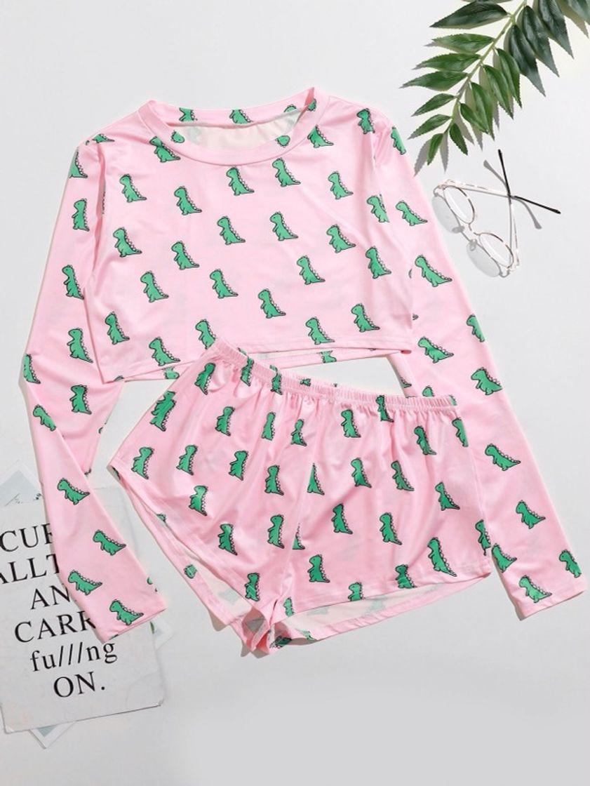 Moda Conjuntinho de pijama com estampa de dinossauro 