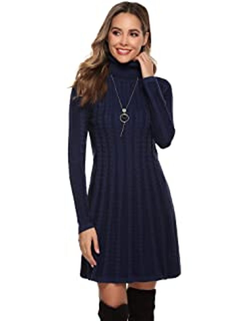 Fashion Hawiton Vestido de Punto para Mujer Elegante Vestido de Suéter de Cuello Alto Jersey de Manga Larga de Una Línea para Otoño Invierno