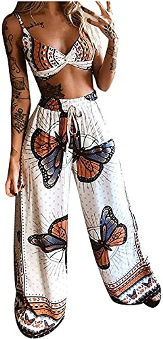 Moda adshi Butterfly Graphic Print Crop Top & Wide Leg Pants Set,Women Boho