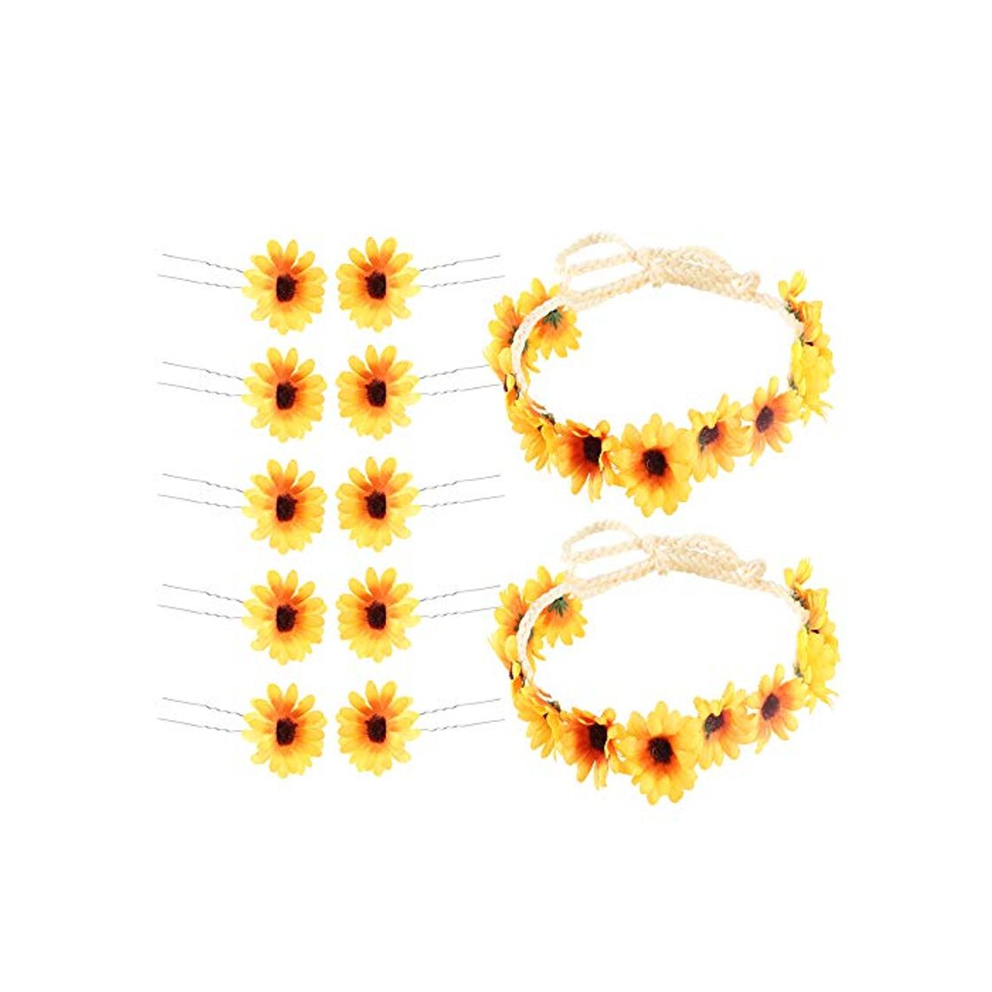 Moda HUAESIN 12pcs Conjunto de Flores para el Pelo Hawaiana Diadema Girasoles Clips Pelo pequeños Banda Girasol Corona Amarillo para Niña Mujer Boda Fiesta Bautizo Comunion Horquillas Girasol Dcoracion