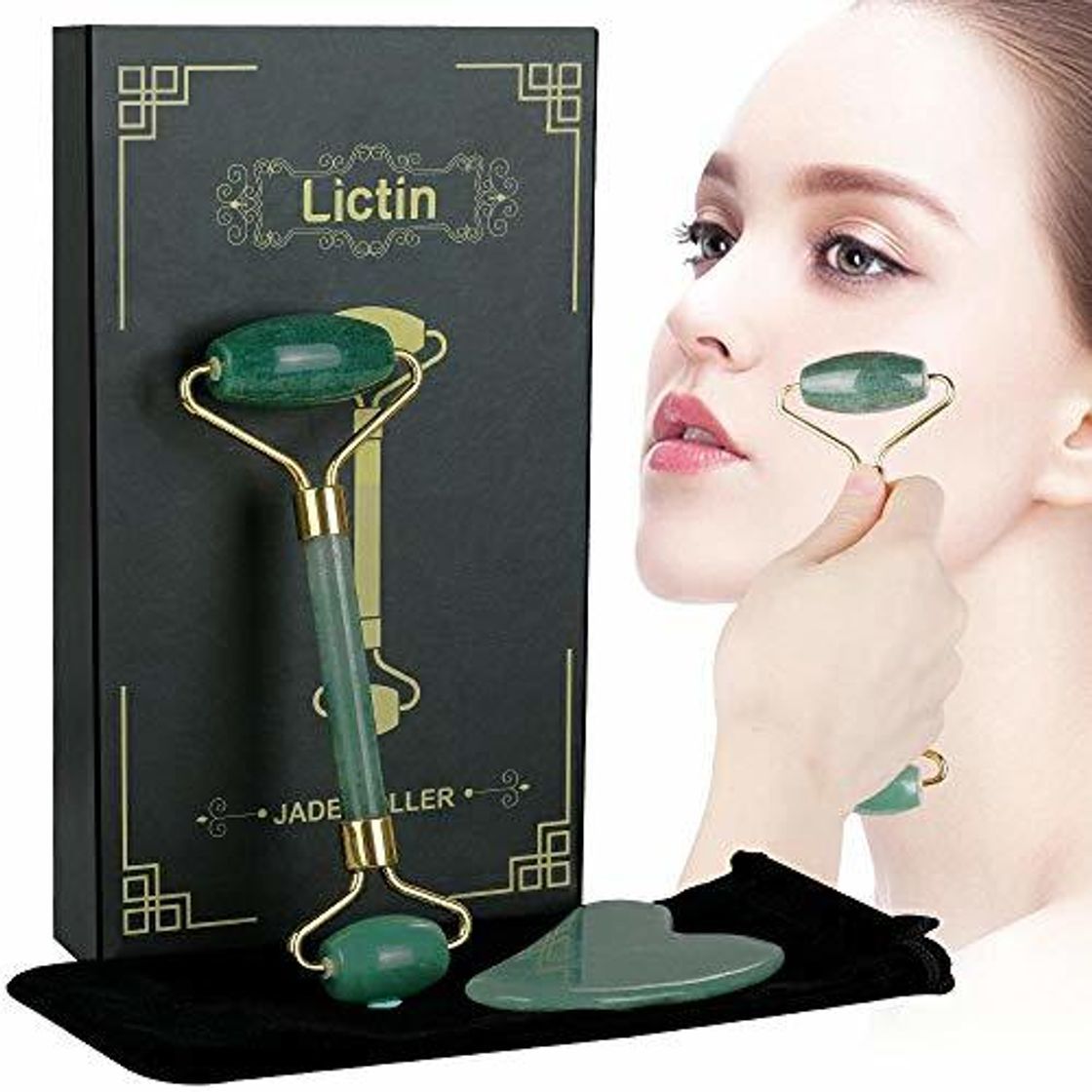 Lictin Rodillo de Jade Facial Masaje- 2 pcs Gua Sha Facial