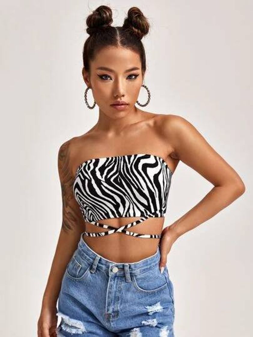 Moda Crisscross Tie Back Zebra Striped Crop Top