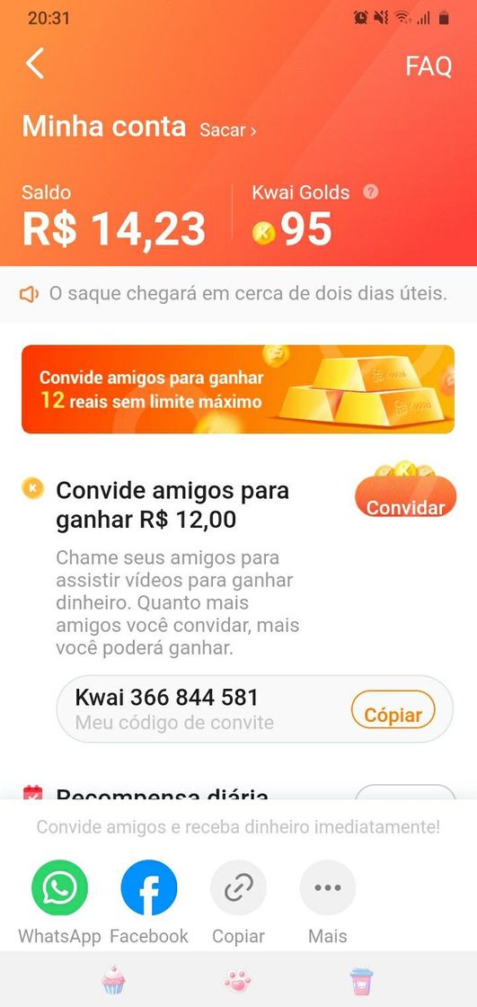 App Você já entra com um dinheiro na conta. Kwai Baixe 