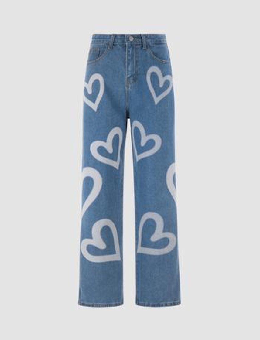 Heart Pattern Straight Leg Jeans