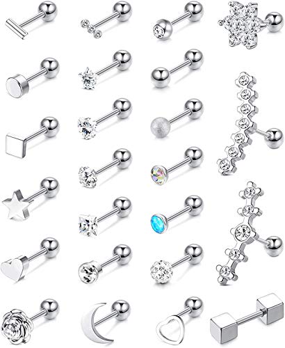 Beauty CASSIECA 24 piezas 18G Pendientes Cartílago Oreja de Acero Inoxidable Pendientes Corazon Estrellas Luna Flor CZ Piercing Conch Tragus Helix Piercing Joyería para Mujeres Niñas