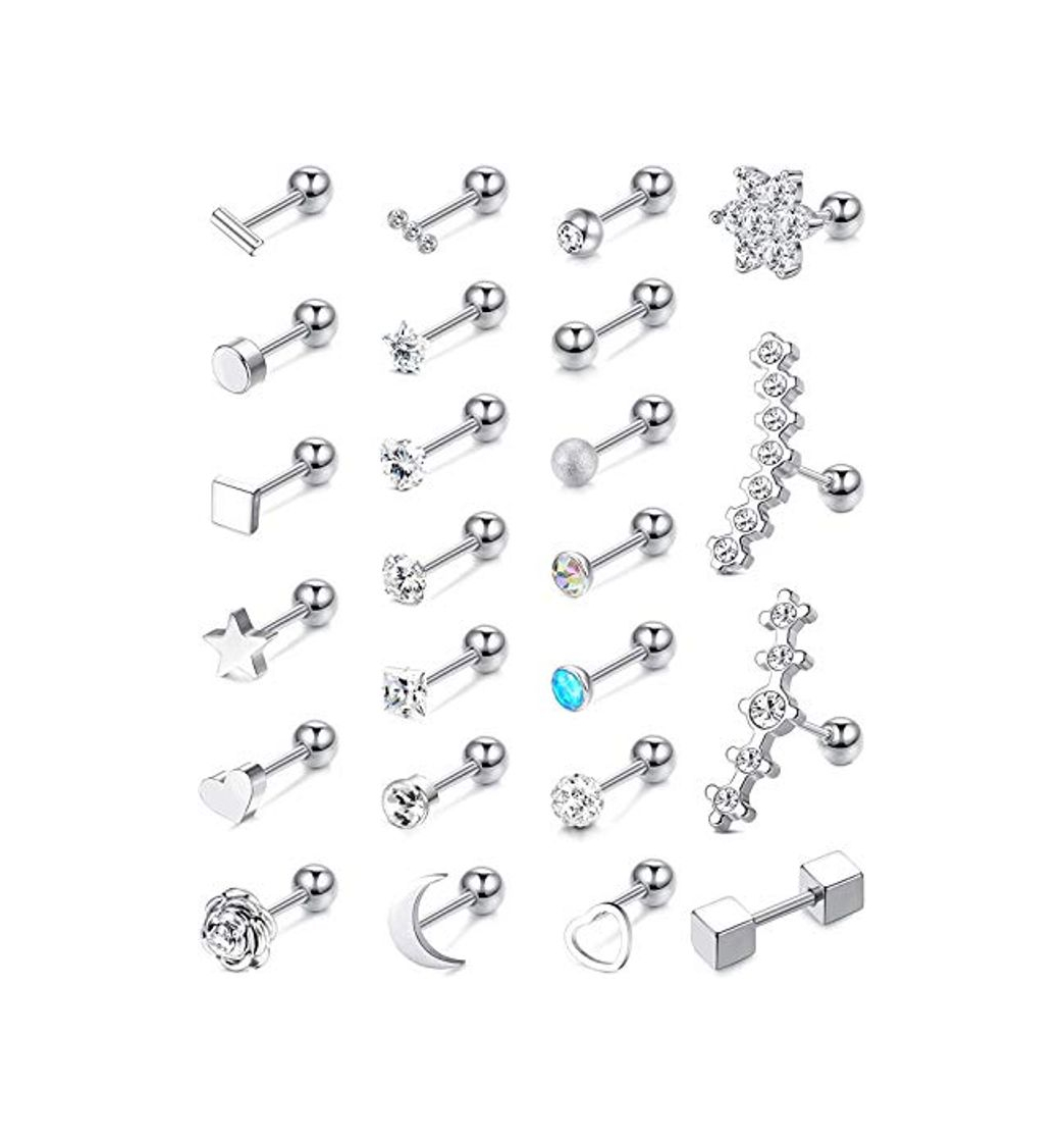 Belleza CASSIECA 24 piezas 18G Pendientes Cartílago Oreja de Acero Inoxidable Pendientes Corazon Estrellas Luna Flor CZ Piercing Conch Tragus Helix Piercing Joyería para Mujeres Niñas