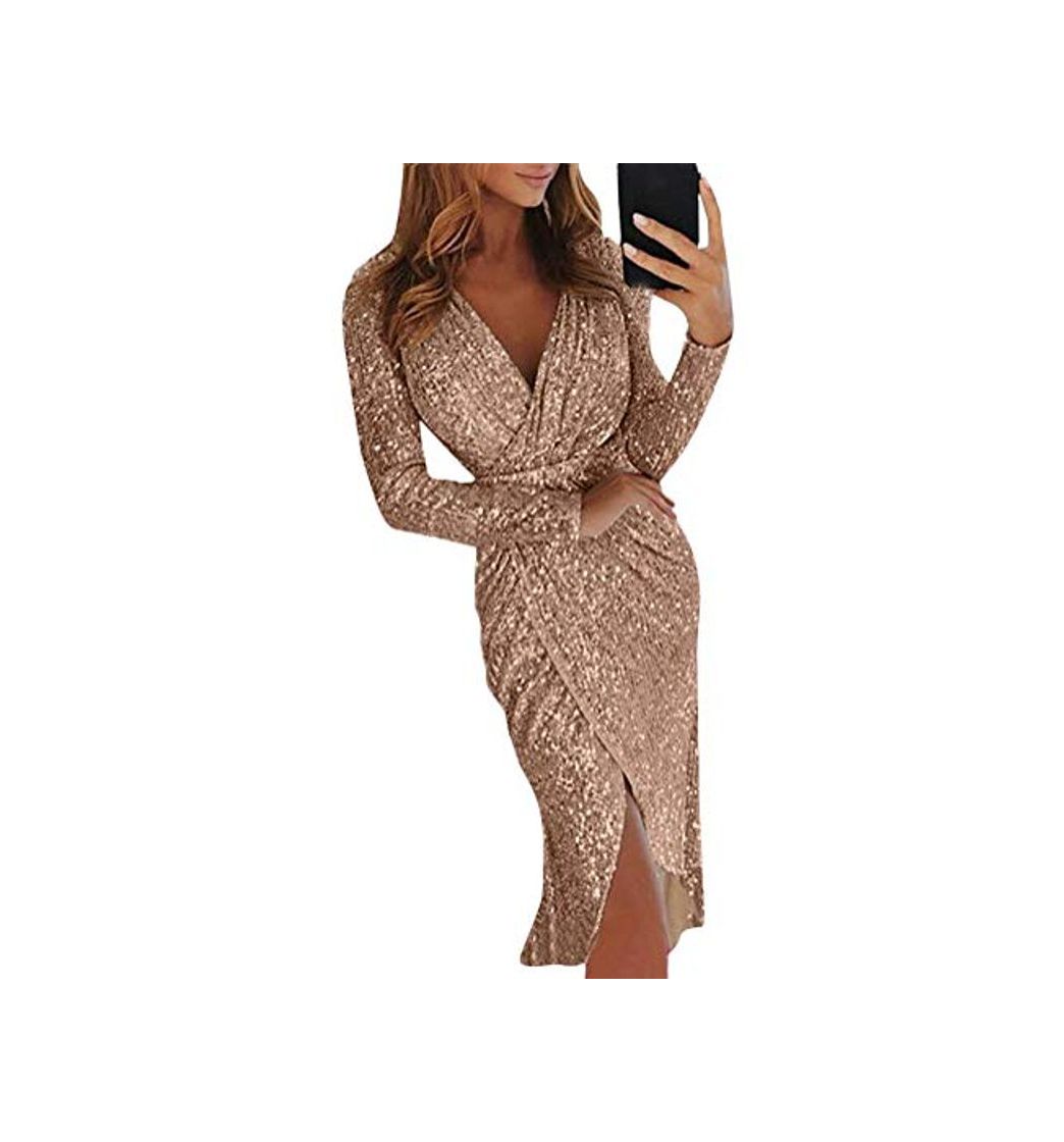 Product Minetom Mujer Otoño Invierno Elegante Mini Vestido Ajustado Moda Lentejuela Cuello V Manga Larga Dress De Fiesta Cóctel Noche Ceremonia A Dorado ES 34