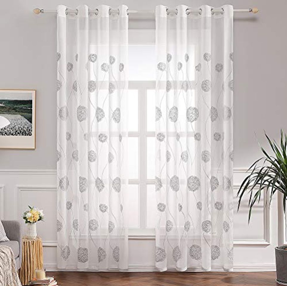 Product MIULEE 2 unidades Cortinas Bordado Translucida de Dormitorio Moderno Ventana Visillos Rayas Salon Paneles con Ojales Plateados para Sala Cuarto Comedor Salon Cocina Habitación 140x245cm Hortensia Gris