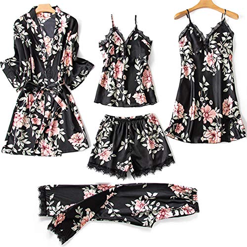 Fashion CURT SHARIAH Womens Pyjama Set Lace Floral Ladies Nightwear Silk Satin Pajamas Sleepwear Nighties 5Pcs Robe Dressing Gown Nightdress with Chest Pad