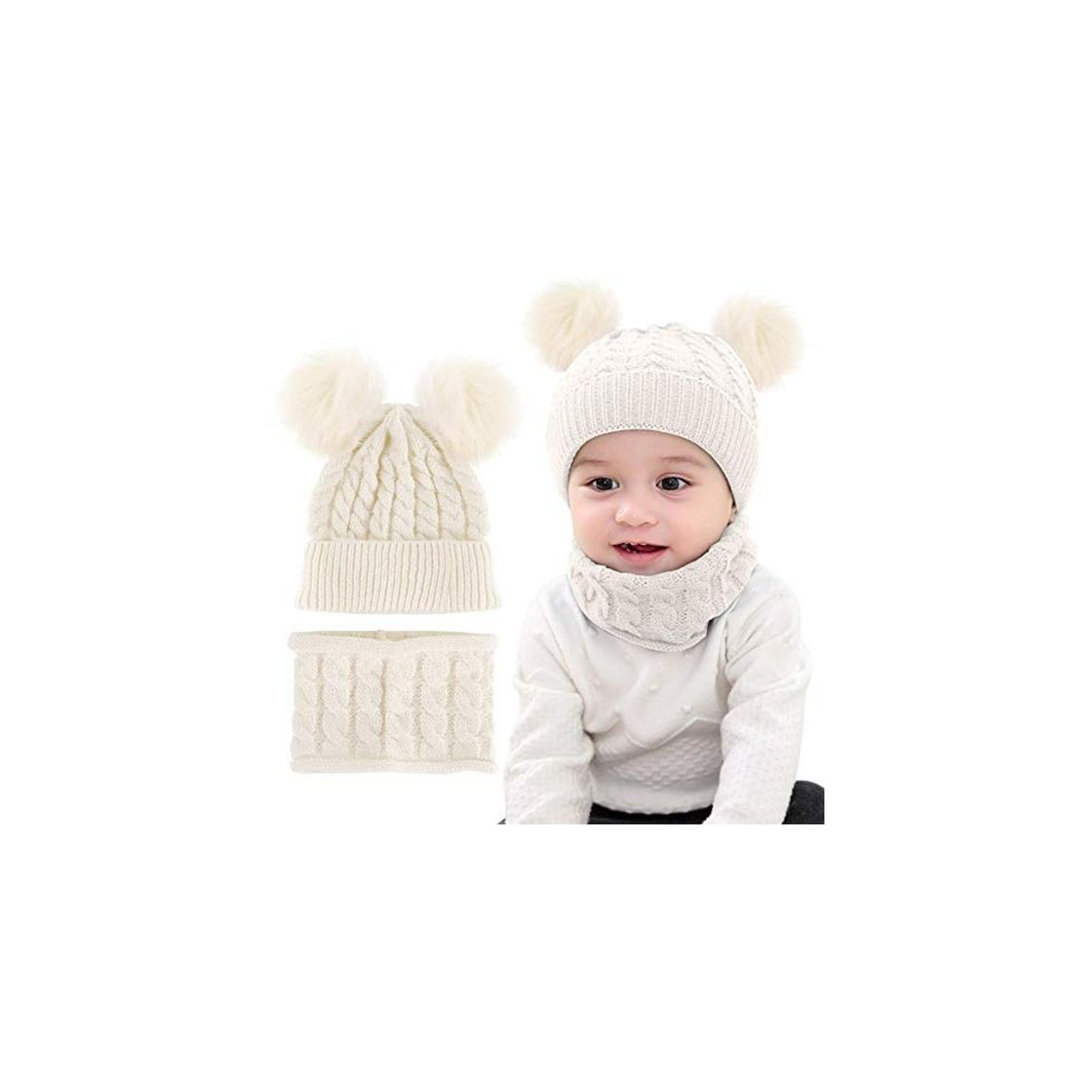 Fashion CheChury Conjunto de Bufanda y Gorro de Punto Unisex Niños Niñas Invierno cálido Punto Beanie Gorros con Pompon Bufanda de Punto Cuello Redondo Bebé