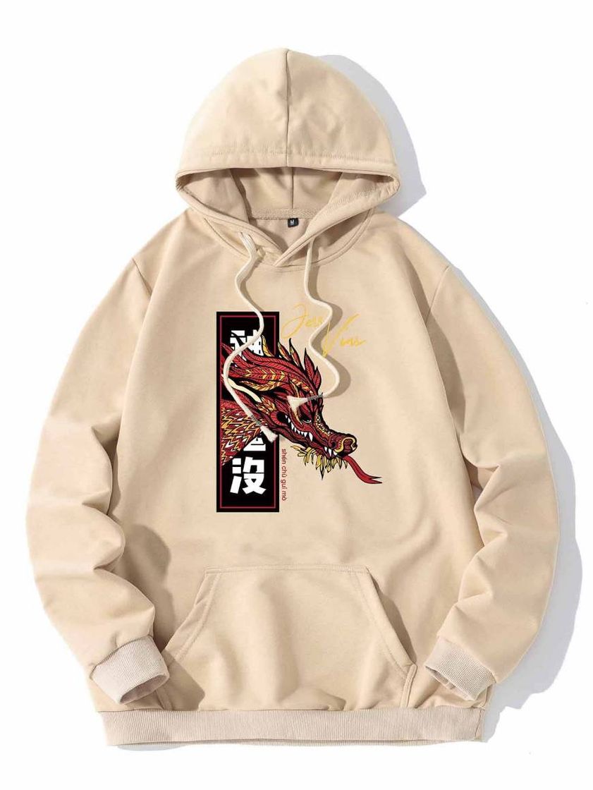 Moda Men Chinese Dragon & Letter Graphic Hoodie