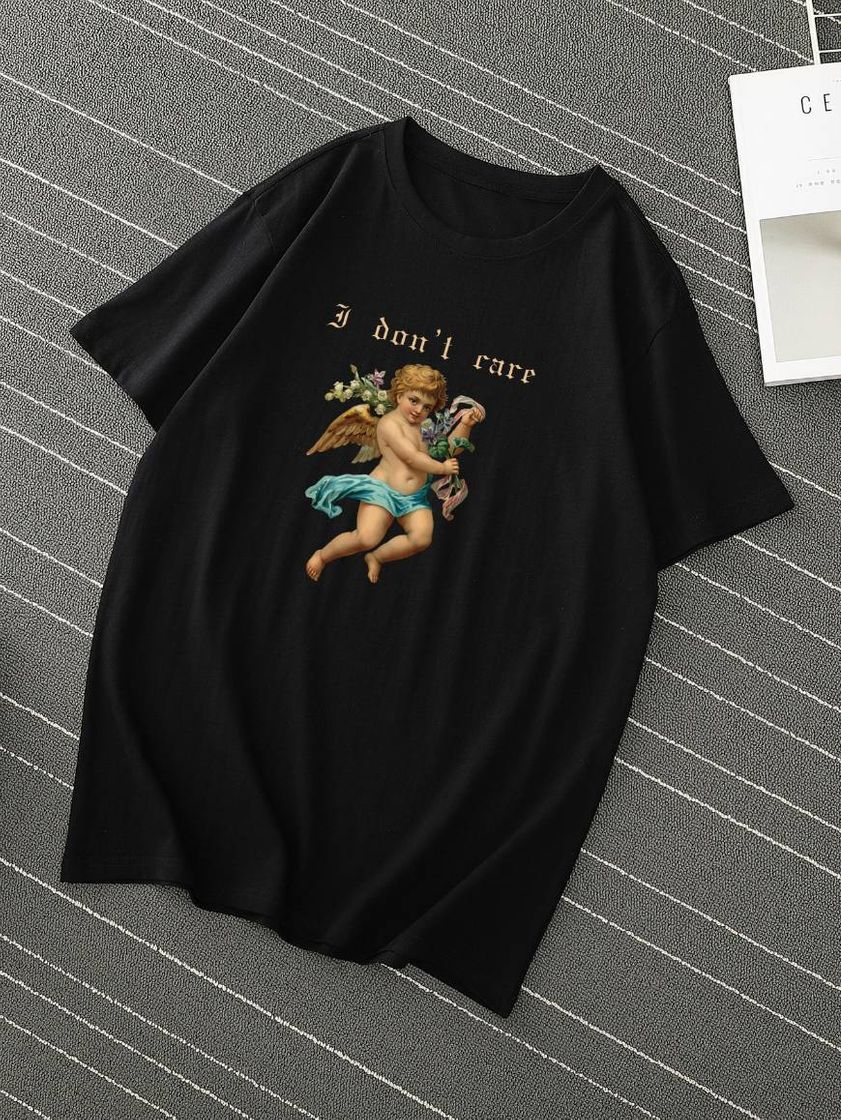 Moda Angel and Slogan Graphic Tee