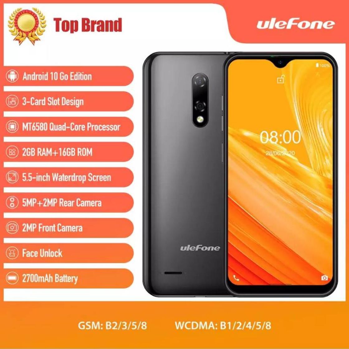 Moda Ulefone nota 8p 4g telefone móvel android 10 5.5-inch 2gb 