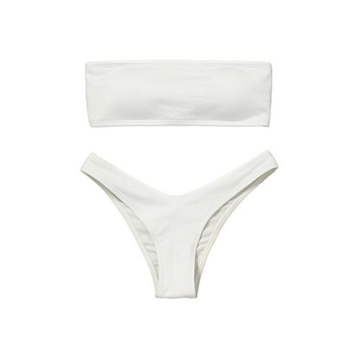 ZAFUL Trajes de Baño Mujer Bikini Bandeau con Relleno Lazada en la Espalda Color Liso Talle Alto