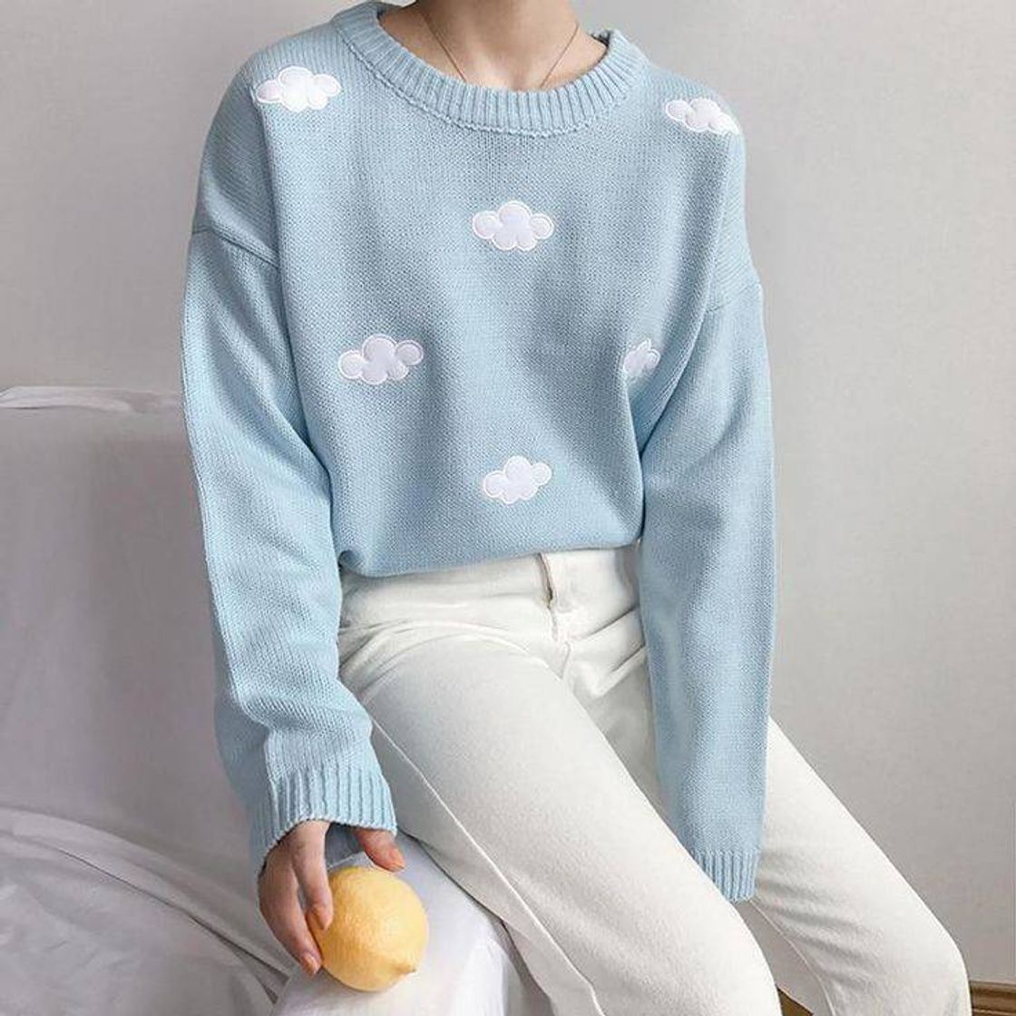 Fashion Blue wool blouse with Clouds