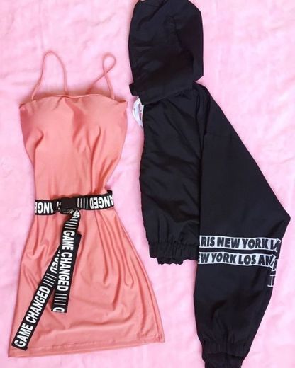 pink dress & black jacket 