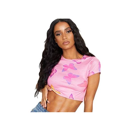 Nrpfell Fashion Butterfly Graphic Rosado Cropped Tops Sweet O