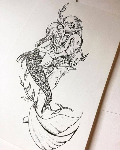 Tatuagem de mergulhador e sereia
