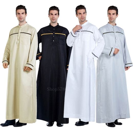 Islamic Men Muslim Robe Kaftan Arabic Long Sleeve Button Poc