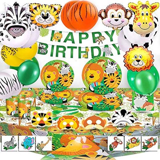 Bea's Party Decoracion Fiesta cumpleaños niño Safari Party Safari Decoracion cumpleaños Selva Safari Globos Animales de la Selva vajilla Mantel servilletas Pancarta Safari Bosque Animal