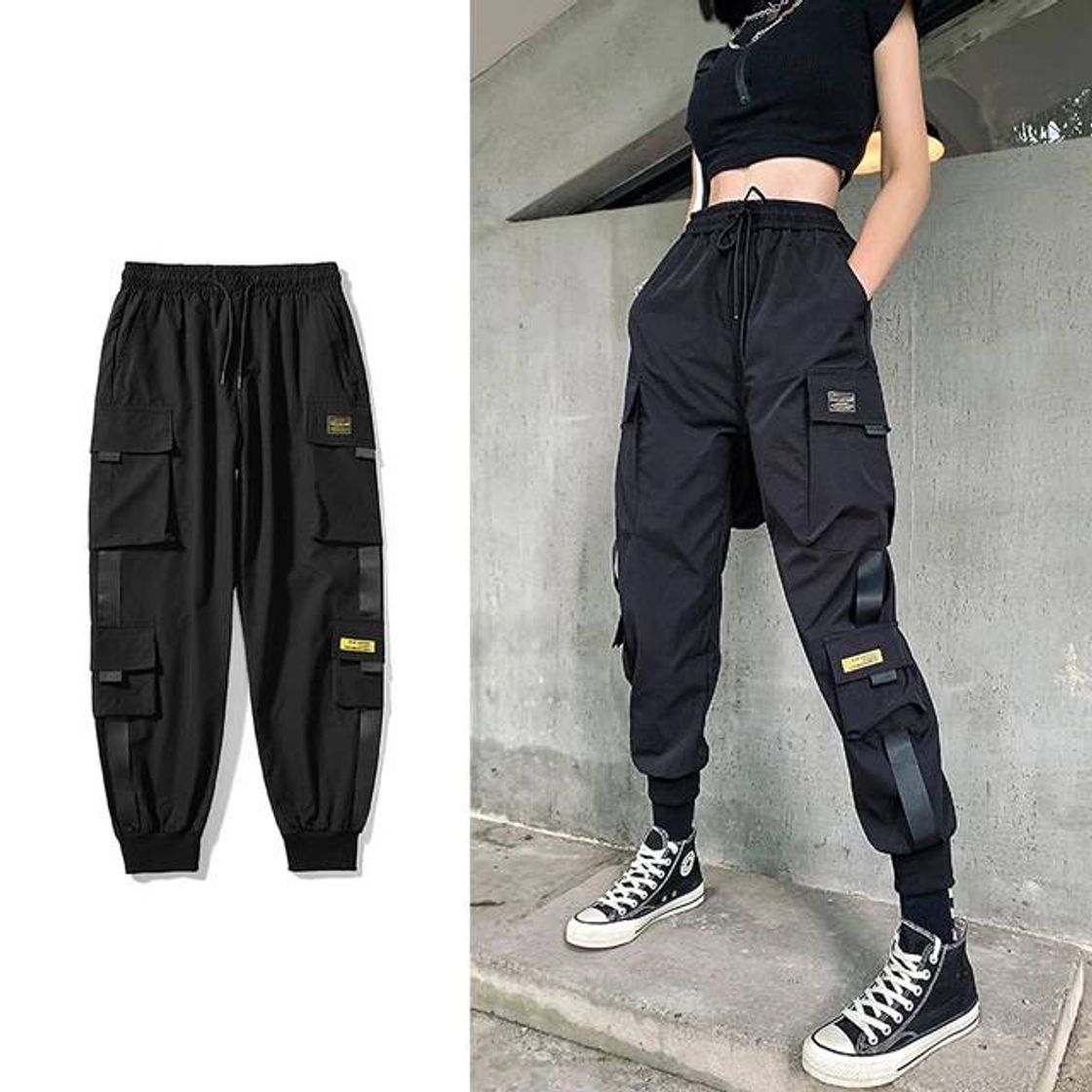 Fashion Streetwear preto calças femininas estilo coreano