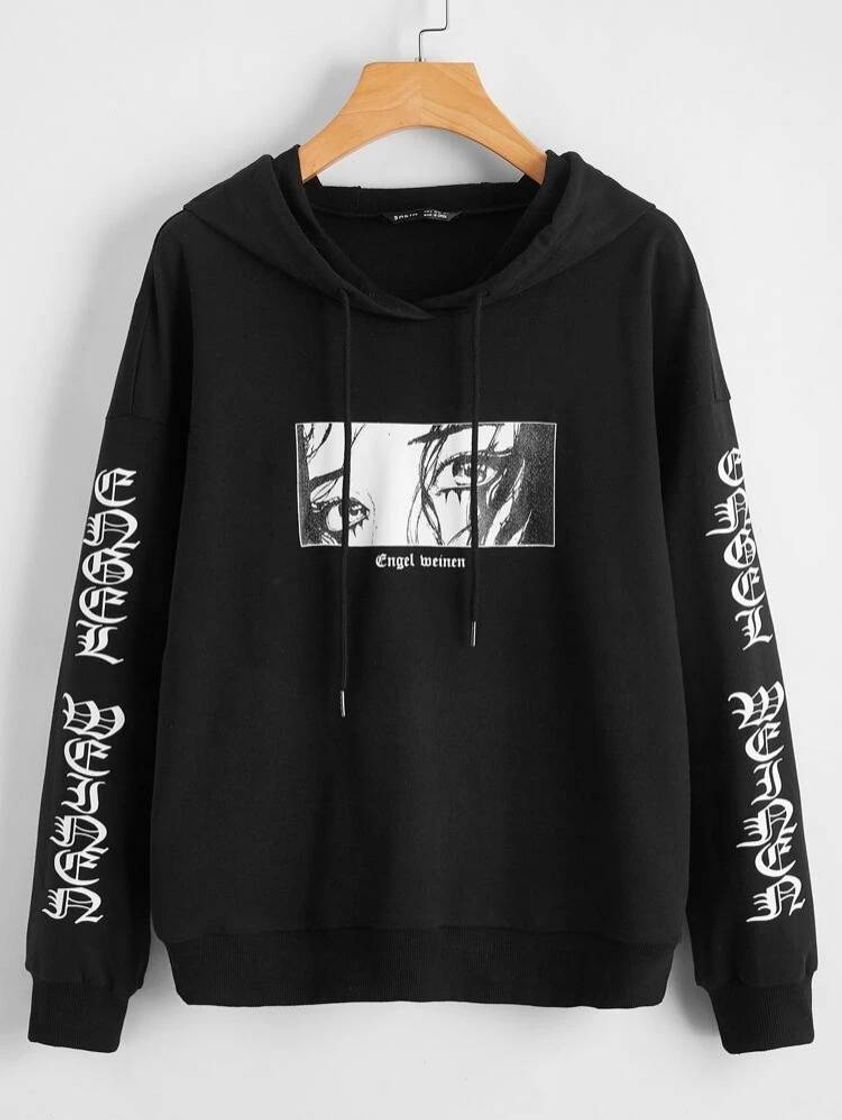 Fashion Drop Shoulder Letter & Figure Print Drawstring Hoodie