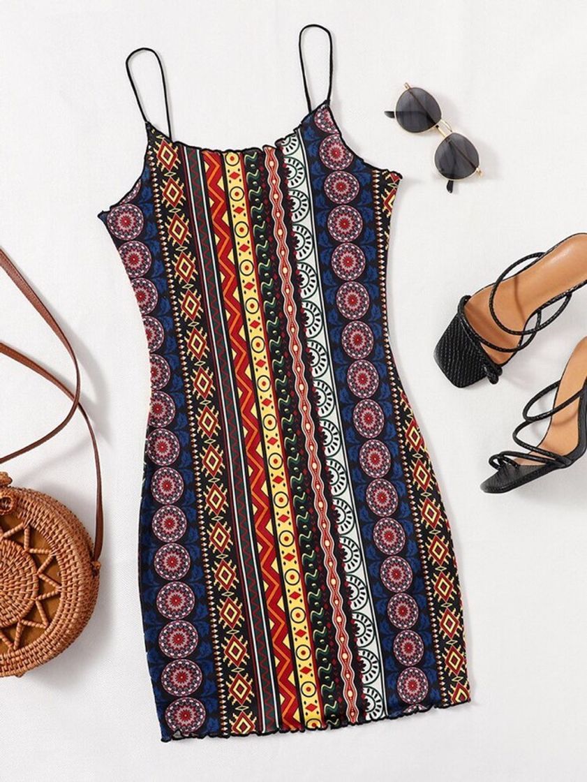 Fashion SHEIN Guarnição De Alface Tribal Boho Vestido