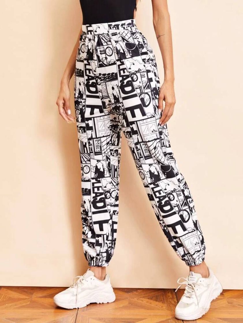 Moda Calça Desportiva Preto e Branco Impressão Pop Art