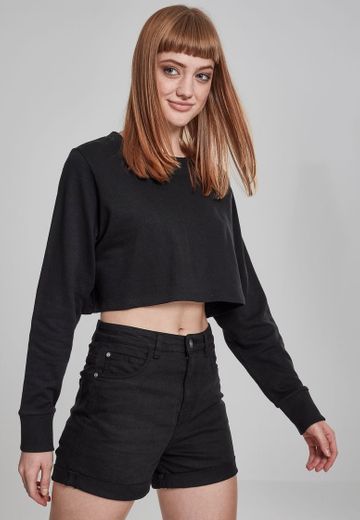 Urban Classics Ladies Terry Cropped Crew Suter Pulver, Negro