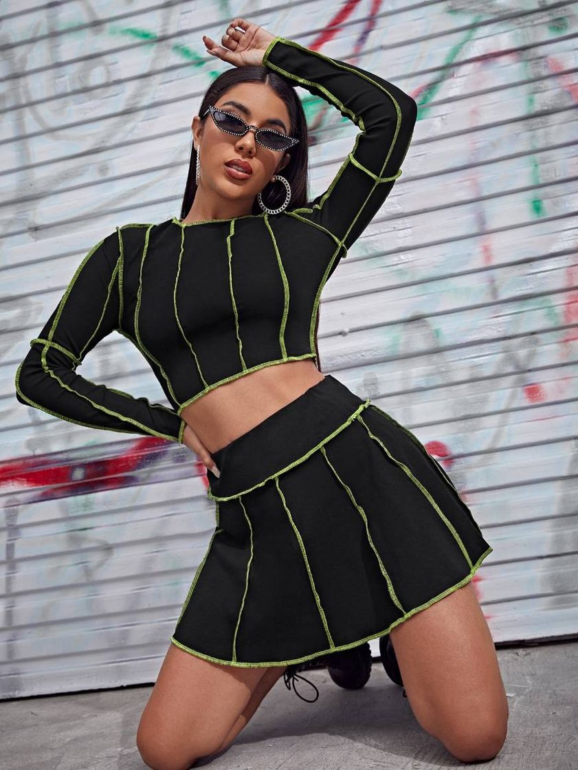 Social Contrast Stitch Crop Top & Skirt Set