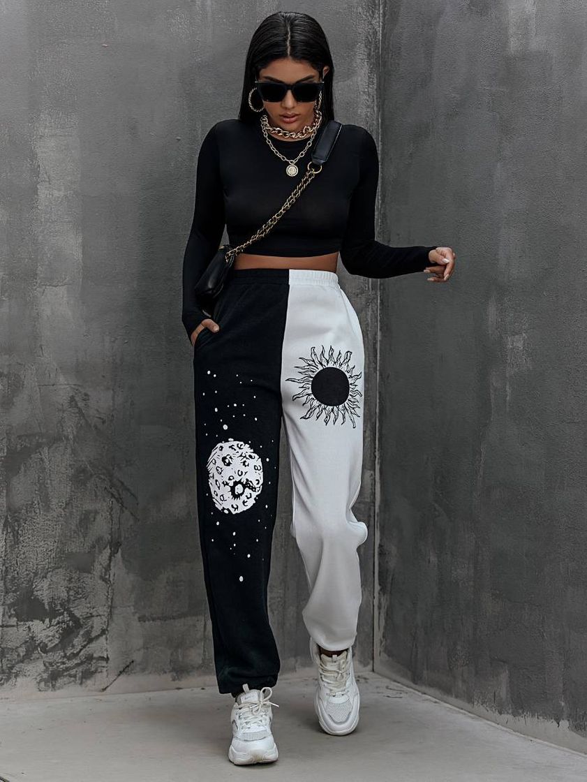 Social Elastic Waist Pocket Side Graphic Print Colorblock Pants