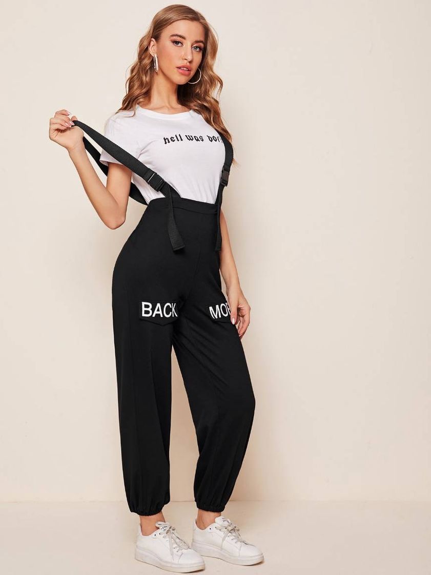 Social Letter Graphic Flap Detail Suspender Pants