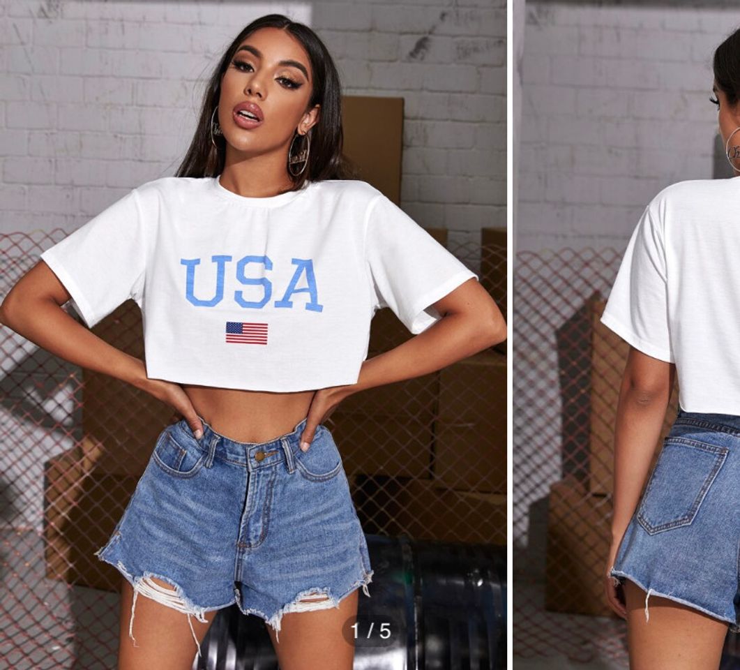 Fashion Letter & American Flag Crop Tee