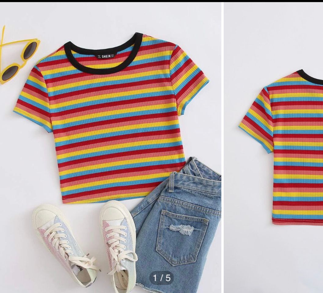 Fashion Contrast Neck Rainbow Striped Top