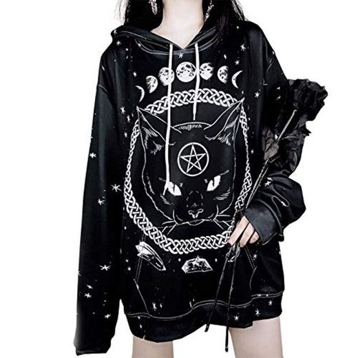 Sudaderas con Capucha con Estampado de Gato gótico Mujeres Sudaderas con Capucha Sueltas de Manga Larga Informal