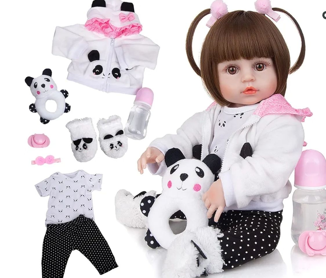 Moda  Brastoy Boneca Bebê Reborn Menina Silicone Panda Olhos Castanhos 48cm Pode Dar Banho 