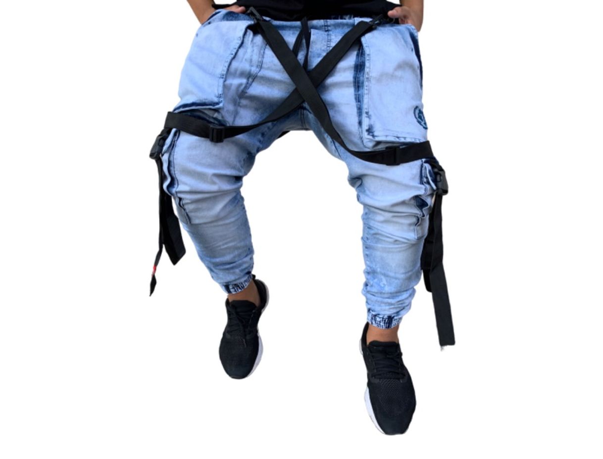 Fashion Calça Jogger Jeans Masculina Trend Suspenders Tracks