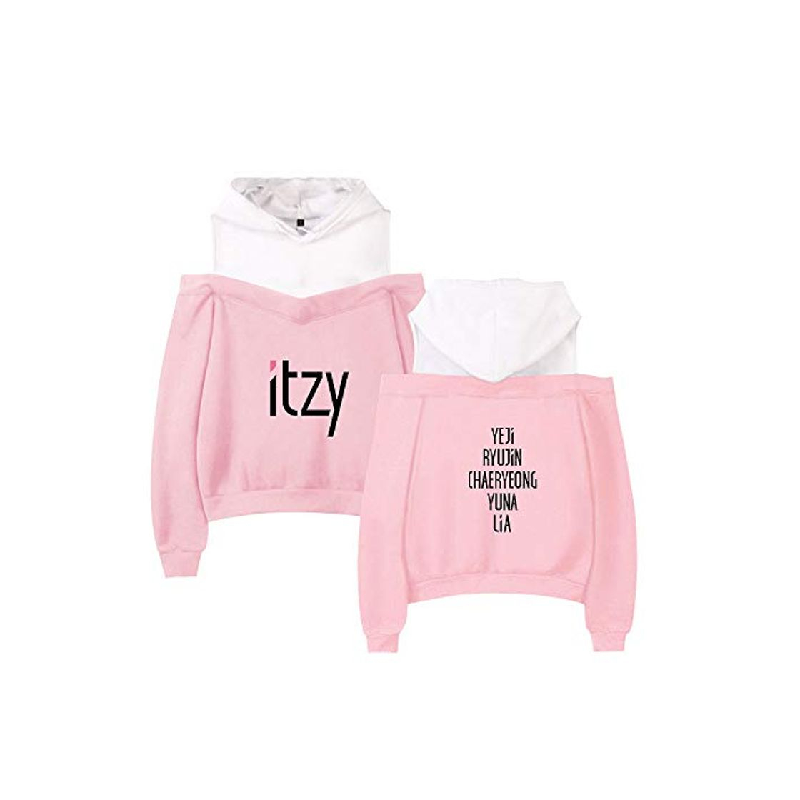 Fashion KPOP ITZY Sudadera Sin Hombros Mujer Sueter con Capucha Bicolor Camisa 2 en 1 Patchwork Tshirt Camiseta Manga Larga Blusa Off Shoulder Jersey Otoño Invierno Hoodie Sweatshirt A12587WY185M