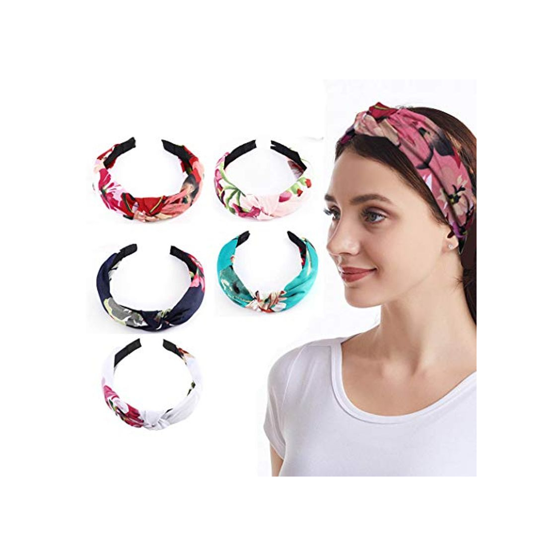 Moda Bohend Moda Mujeres Diadema extenso Flor Anudado Aro de pelo Sólido Turbante Uso diario Paquete de 5 Acessories capilares Para Mujeres Y Grils