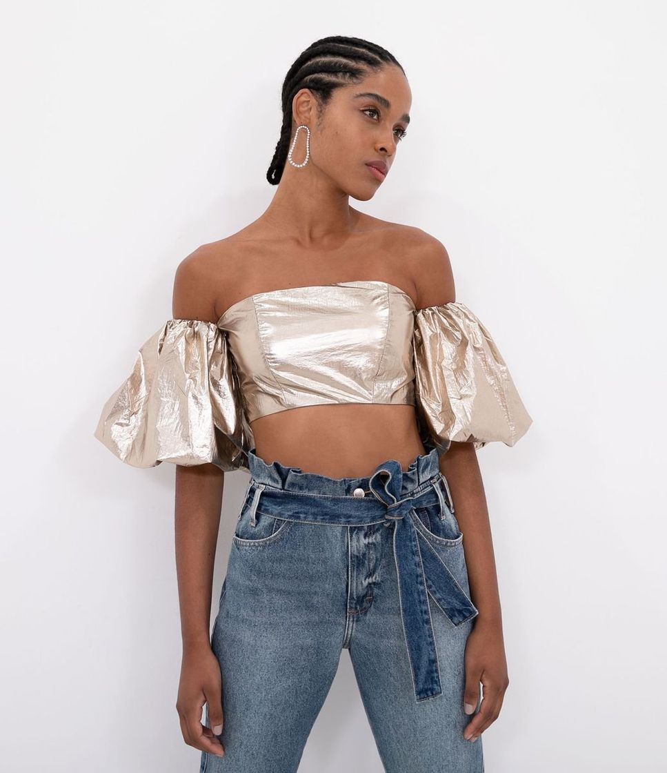 Fashion Blusa Cropped Metalizada Manga Balonê Dourado